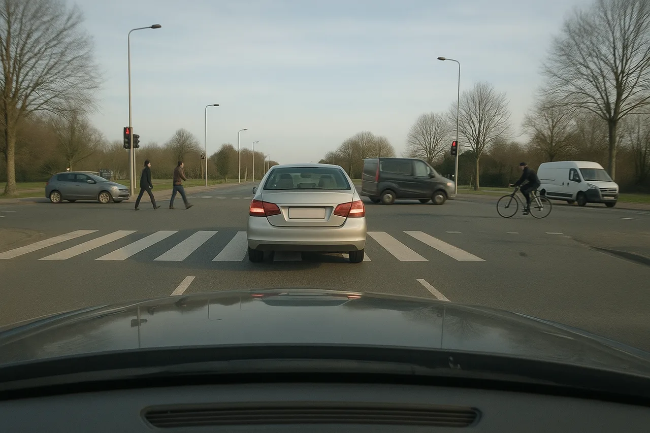 Dashboard camera view of a clear daytime intersection with several vehicles, one cyclist and two pedestrians crossing. Synthetic simulation.