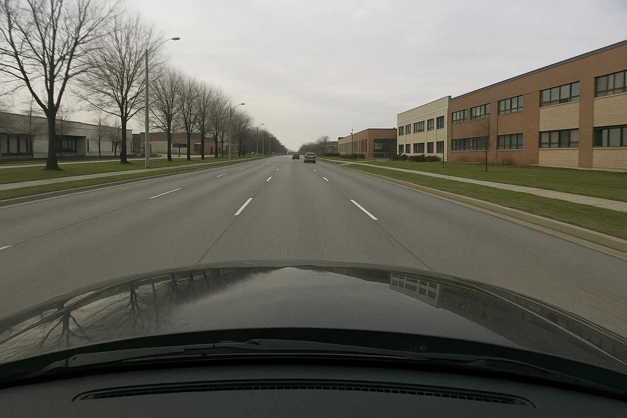 Dashboard camera view of a quiet two lane urban road under overcast light. Synthetic simulation.