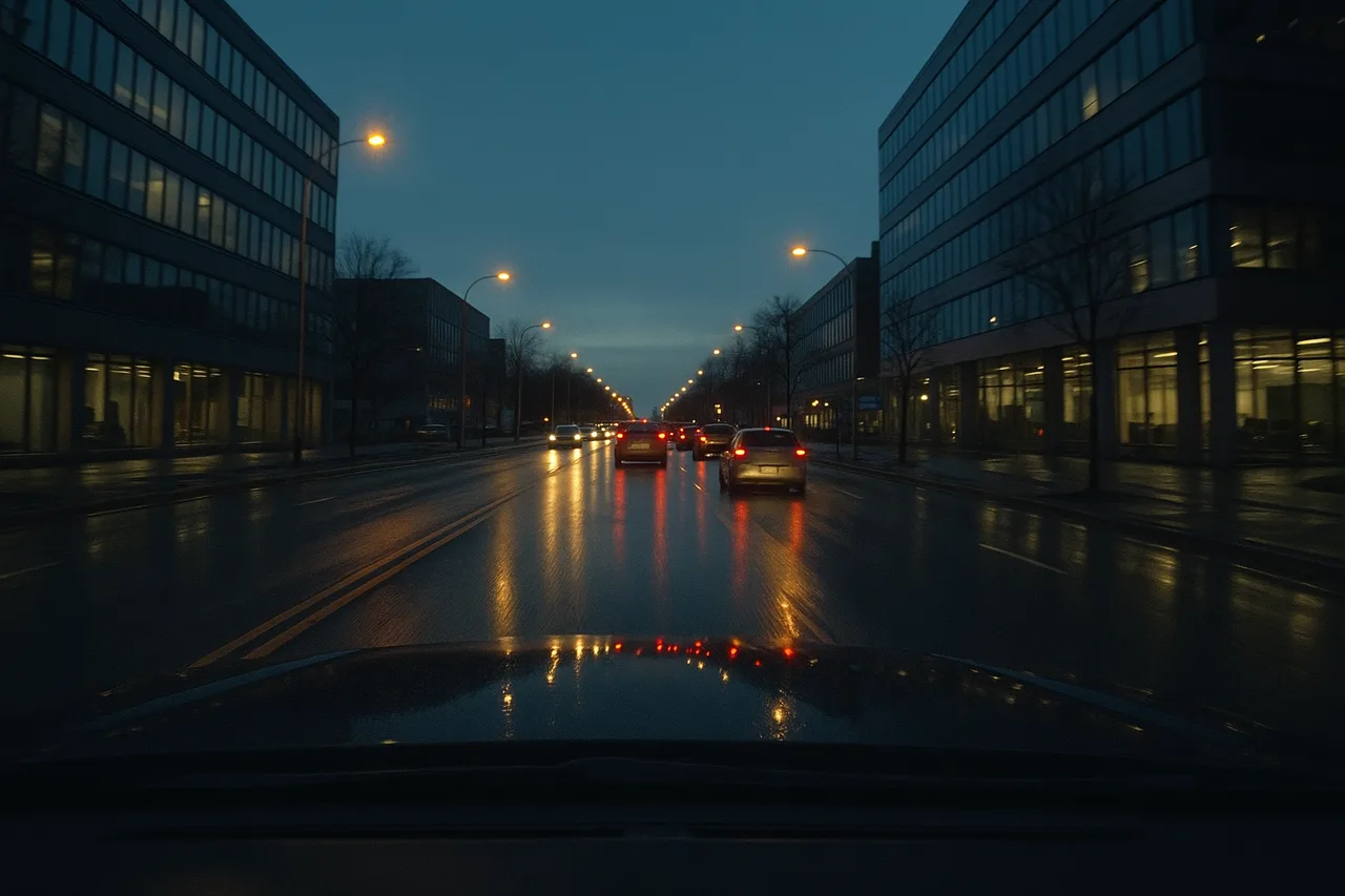 Dashboard camera view of a wide city street at dusk, wet asphalt reflecting street lighting and tail lights ahead. Synthetic simulation.